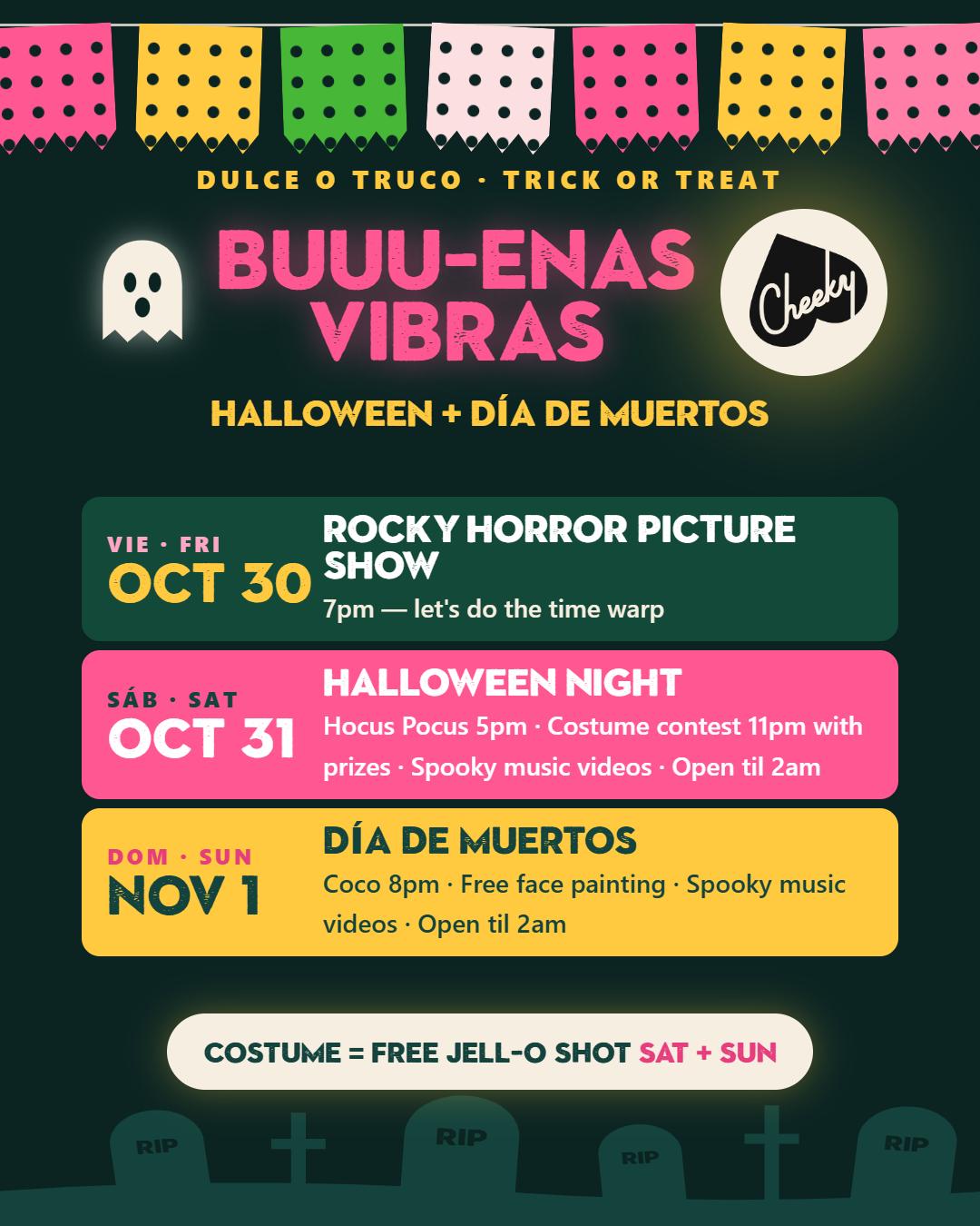 Cheeky Lounge Halloween and Día de Muertos weekend schedule, Oct 30 to Nov 1