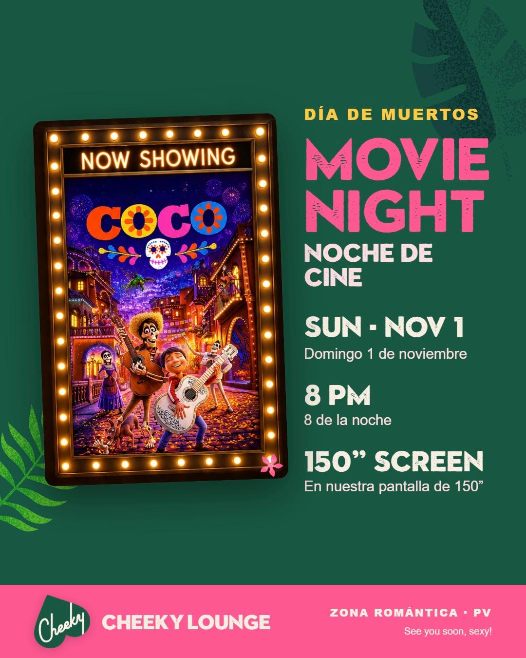 Coco Día de Muertos movie night, Sunday Nov 1 at 8pm at Cheeky Lounge